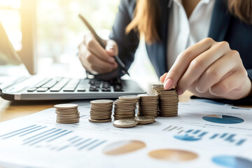 Close-up of hands laying stacks of coins symbolizing financial freedom.