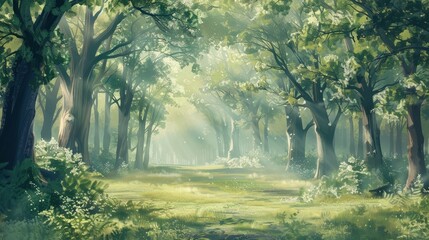 Poster - This background design features a tranquil forest scene with soft, dappled light filtering through trees