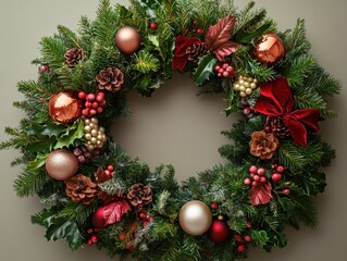 Wall Mural - Vertical frame of a festive wreath adorned with ribbons, ornaments, and evergreen sprigs