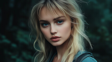 Wall Mural - Sensual portrait of young blonde woman with blue eyes on dark background