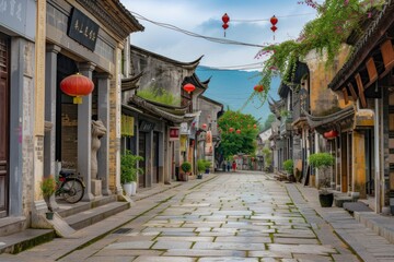 Sticker - Street old town in Chinese background city architecture outdoors.