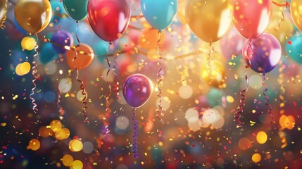 This cheerful celebration background features a burst of bright confetti, colorful balloons, and festive streamers.