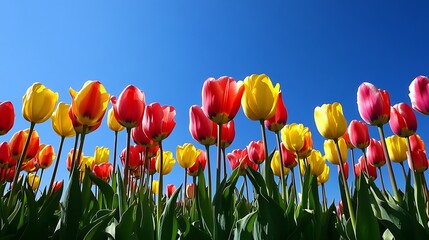 Wall Mural - A vibrant field of tulips swaying under the blue sky
