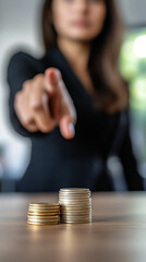 Businesswoman pointing at two stacks of coins on a table, symbolizing financial decision making and investment