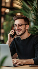 Poster - happy young freelancer multitasking with a smile while working remotely
