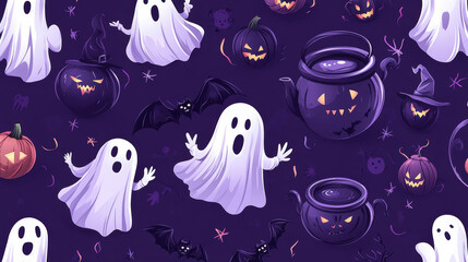 Spooky ghosts and bats on dark purple background create festive Halloween vibe