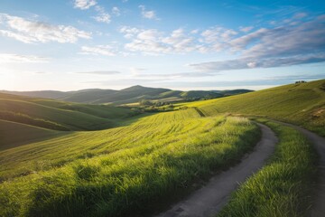 Scenic hillside with winding path under a blue sky.