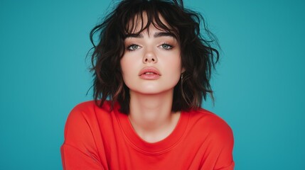 Sticker - A woman with short hair and a red shirt is standing in front of a blue background. She has a serious expression on her face