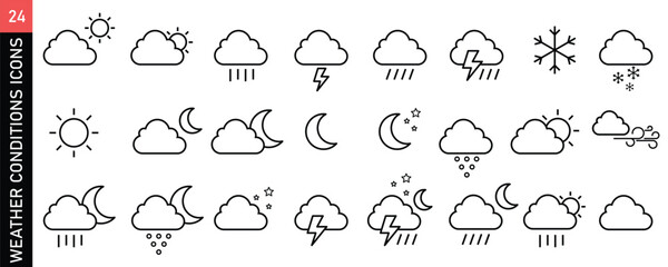 Weather Forecast Icon Set,  Cloudy, various weather conditions, Overcast, Sunny, Rainy, Snowy, and Windy Conditions