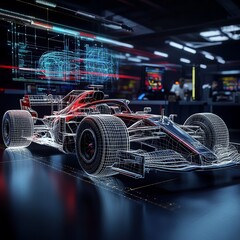 Leinwandbilder - A sports car under construction, with one half fully built and the other half in digital graphics, illustrating the transformation from concept to reality