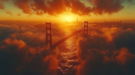 Wall Mural - Sunset over a bridge with clouds and city skyline in the background.