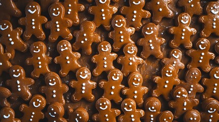 A festive display of gingerbread cookies shaped like little men, decorated with icing smiles and buttons.