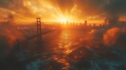 Wall Mural - A stunning sunset over a city skyline with a bridge and water.