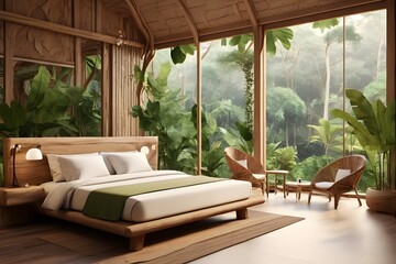 Eco-lodge hotel interior with tropical forest view, creating a serene and relaxing ambiance, surrounded by the nature Generative AI