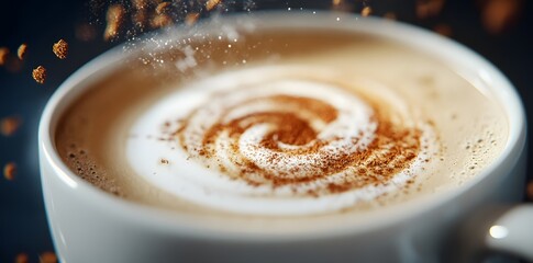 Wall Mural - Close-up of a steaming cup of cappuccino with cinnamon