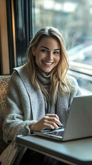 Poster - young businesswoman happily works on her laptop while riding in first class on a train