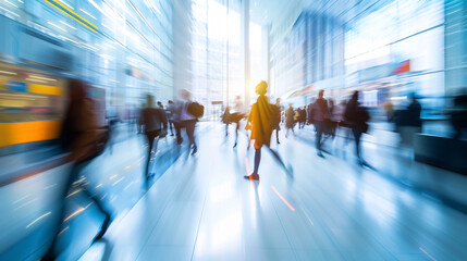 Blurry trail of fast moving business people in bright office lobby captured in long exposure shot