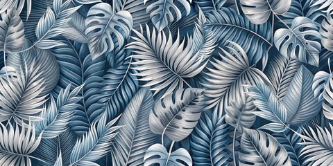 Poster - Elegant seamless pattern featuring gray and blue tropical foliage elements
