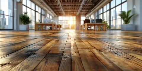 Wall Mural - a spacious, bright loft-style office space with wooden flooring, large windows allowing natural ligh