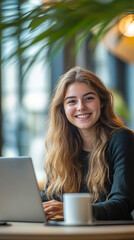 Poster - smiling young female freelancer working on her laptop in a trendy cafe