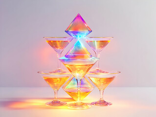 Wall Mural - Flat Holographic Champagne Pyramid: Medium Shot of Glowing Glasses Against White Background, Showcasing Intricate Patterns and Reflections in Elegant Vector Illustration