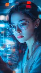 Aufkleber - Young female programmer is using advanced transparent display technology and augmented reality to work late