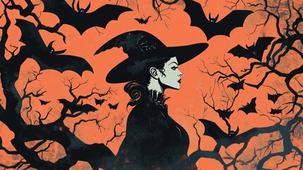 Scary Halloween illustration of a witch surrounded by flying bats, twisted trees, and vintage-style monster designs.