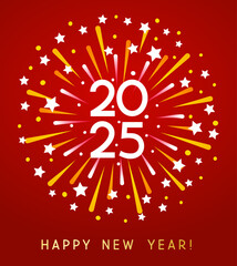 Sticker - New Year 2025 greeting card design with color firework on red background