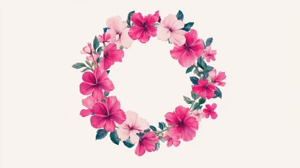 Wall Mural - Hand drawn circular wreath featuring vibrant pink flowers Flat design illustration