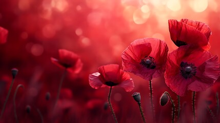 A vibrant field of red poppy flowers against a soft, blurred background, creating a serene and beautiful atmosphere.