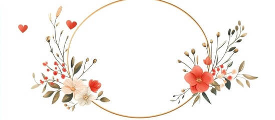 Wall Mural - Round gold frame adorned with floral and heart elements Minimalistic design featuring flat style botanical decorations