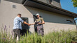 © StockMediaProduction - A homeowner and a technician shake hands in front of a house near an external heat pump unit.