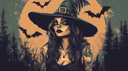 Spooky witch with bats in a vintage tattoo-style illustration, combining eerie elements of nature, fantasy, and dark design.