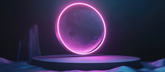 Wall Mural - Empty podium featuring a neon moon on a dark backdrop 3D render showcasing an abstract scene with a floating pedestal and a glowing circular frame