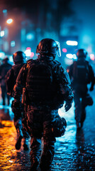 Wall Mural - A group of men in military uniforms are walking down a street at night