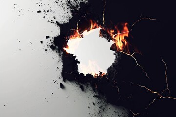 Canvas Print - Paper break through in the middle burnt hole fire destruction.