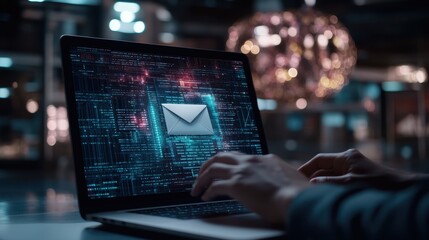 Cybersecurity Email Alert on Laptop Screen with Futuristic Digital Background