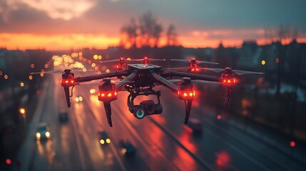 Poster - Drone delivery operates at sunset above busy urban street during evening rush hour