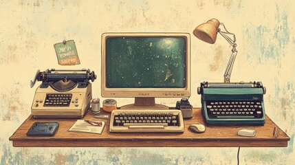 Poster - Vintage illustration of a desk with an old computer, typewriter, and telephone, showcasing the evolution of technology
