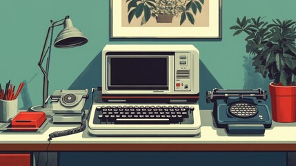 Poster - Vintage illustration of a desk with an old computer, typewriter, and telephone, showcasing the evolution of technology