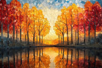 Wall Mural - vibrant mosaic depicting autumn forest geometric glass fragments in warm hues 3d rendered digital art with yellow trees and sky abstract pattern radiating seasonal beauty