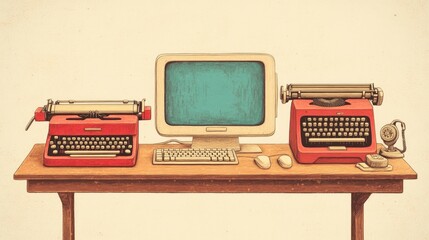 Poster - Vintage illustration of a desk with an old computer, typewriter, and telephone, showcasing the evolution of technology
