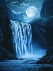Wall Mural - waterfall at night with full moon