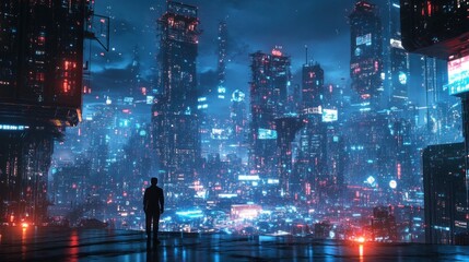 Wall Mural - A lone figure gazing at a futuristic metropolis.