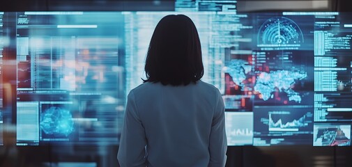 Poster - a professional observing futuristic data visualizations on a digital screen, showcasing advanced tec