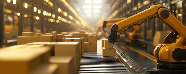 Poster - A robotic arm efficiently sorting packages in a modern warehouse environment, symbolizing automation and innovation in logistics.