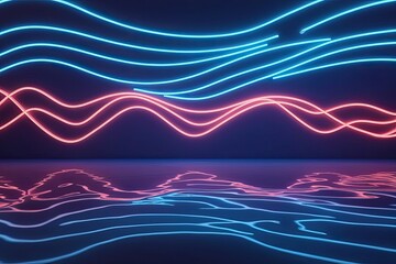 Poster - Futuristic Blue Neon Waves Background with Abstract Design Elements