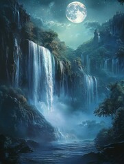 Wall Mural - waterfall at night with full moon