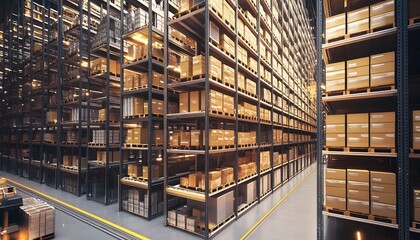 Poster - A well-organized warehouse filled with stacked boxes, showcasing an efficient storage system and ample space for operations.