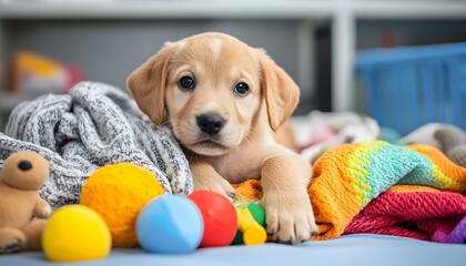 Adorable golden puppy surrounded by colorful toys and cozy blankets, perfect for pet lovers and animal-themed projects.